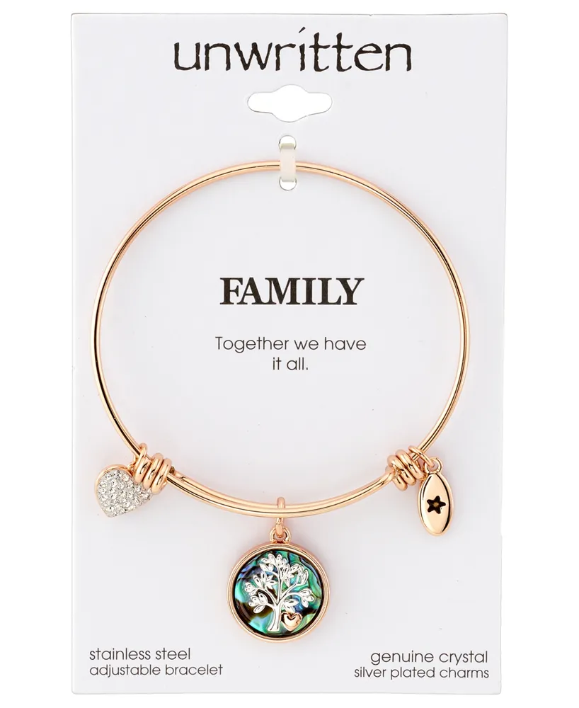 Unwritten Family Tree Inlay Charm Bangle Stainless Steel Bracelet in Rose Gold-Tone with Silver Plated Charms