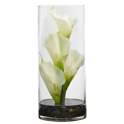 Nearly Natural 12" Calla Lily Artificial Arrangement Cylinder Glass Vase Ii