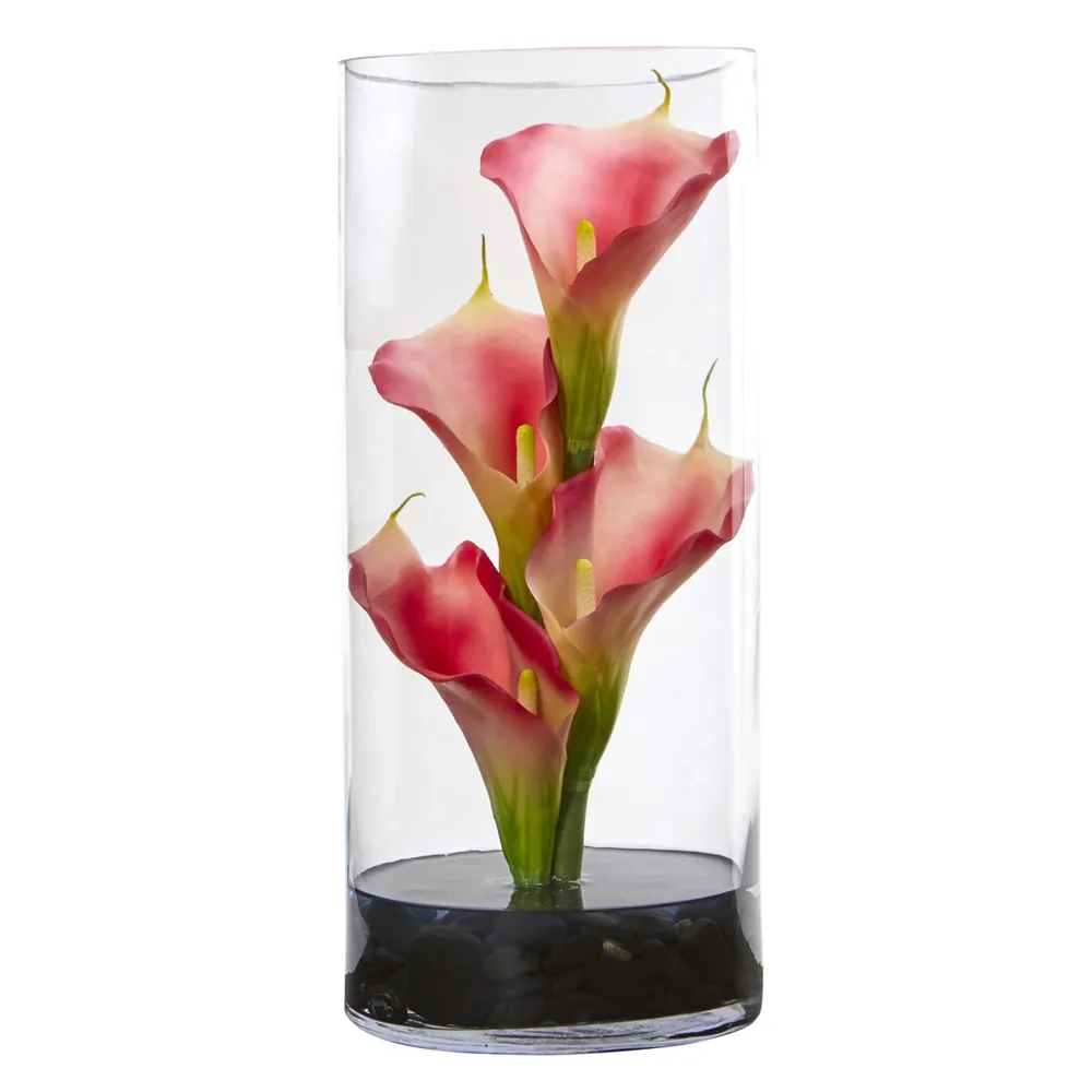 Nearly Natural 12" Calla Lily Artificial Arrangement Cylinder Glass Vase Ii