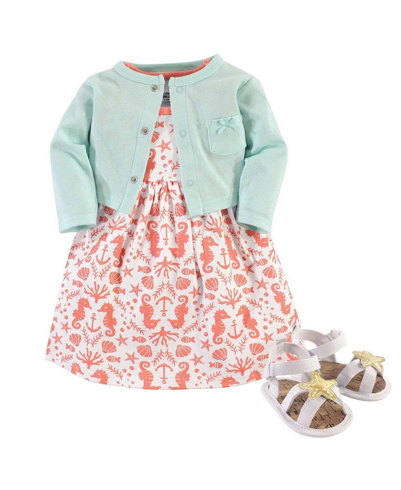 Hudson Baby Girls Cotton Dress, Cardigan and Shoe 3pc Set, Sea, 0-3 Months