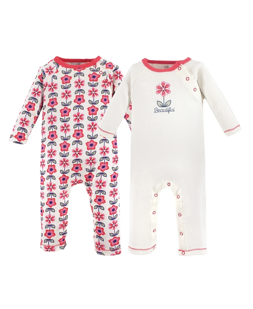 Touched by Nature Baby Girls Organic Cotton Coveralls 2pk, Flower, 12-18 Months