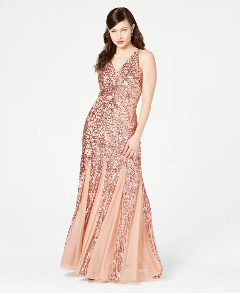 R&M Richards Petite Sleeveless Pleated Sequin Embellished Gown