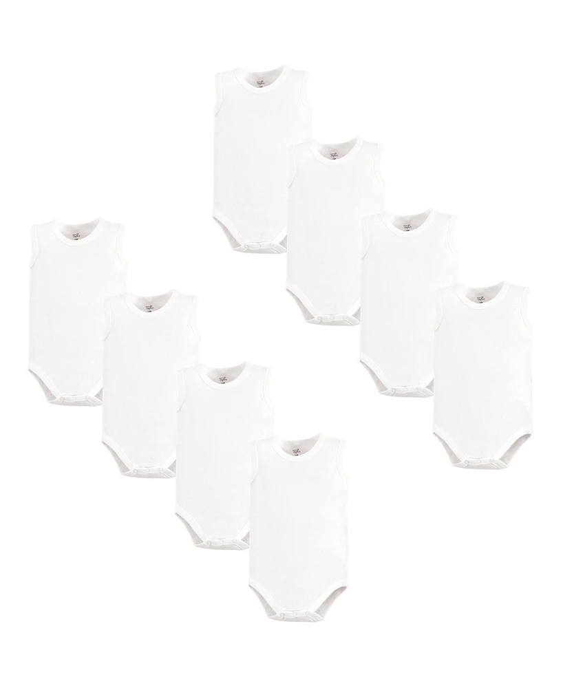 Touched by Nature Baby Boys Cotton Sleeveless Bodysuits 8pk, White, 18-24 Months