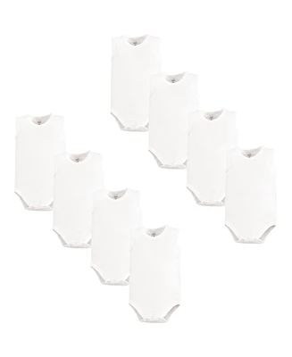 Touched by Nature Baby Boys Cotton Sleeveless Bodysuits 8pk, White, 18-24 Months