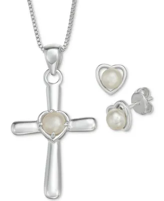 Cultured Freshwater Pearl Cross 18" Pendant Necklace and Heart Stud Earrings Set in Sterling Silver