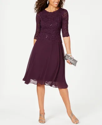 Alex Evenings Sequined Lace Contrast Dress