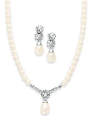 14k White Gold Jewelry Set Cultured Freshwater Pearl Diamond Necklace Earrings