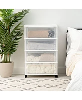 Iris Usa Plastic 4 Drawer Wide Storage Cart with 4 Caster Wheels, White
