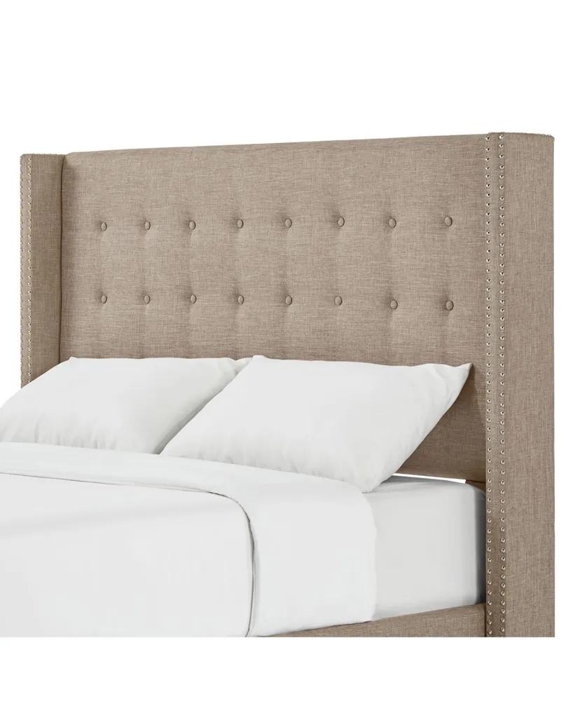 Amelina Tufted Beige Linen Nailhead Wingback Headboard, King