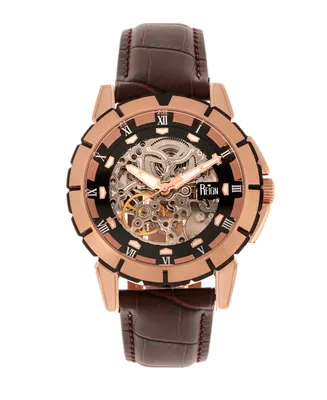 Reign Philippe Automatic Rose Gold Case, Black Dial, Genuine Brown Leather Watch 41mm