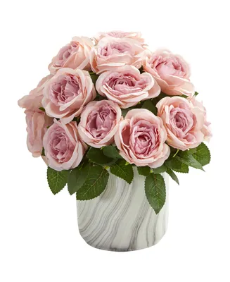 Nearly Natural Rose Artificial Arrangement in Marble Finish Vase