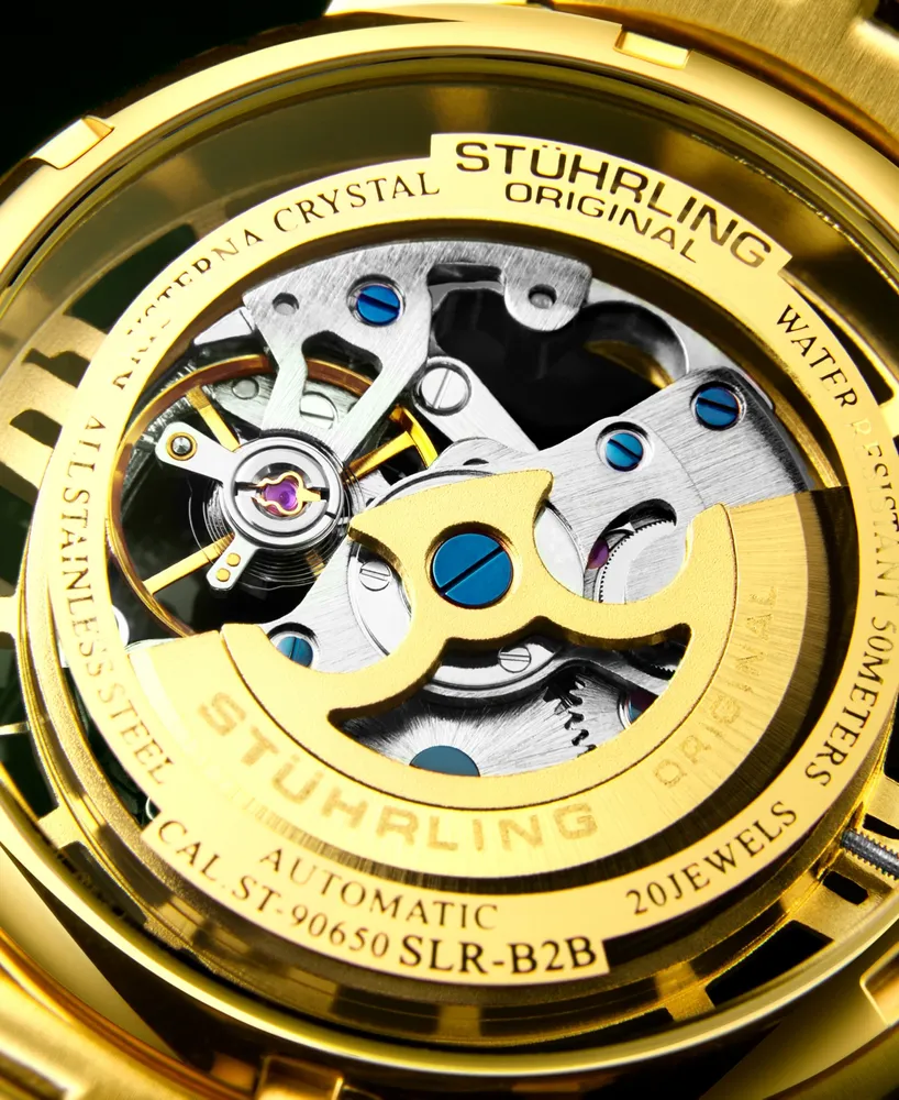Stuhrling Stainless Steel Gold Tone Case on Stainless Steel Link Bracelet, Gold Tone Dial, with Blue Accents