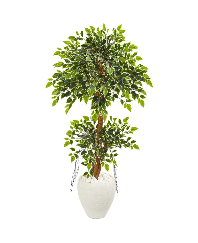 Nearly Natural 56" Variegated Ficus Artificial Tree in White Planter