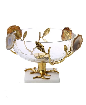 Classic Touch Glass Bowl with Leaf and Agate Stone Design