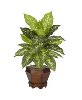 Nearly Natural Dieffenbachia w/Wood Vase Silk Plant, Set of 2