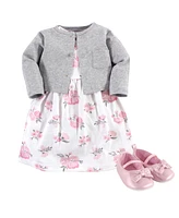 Hudson Baby Girls Cotton Dress, Cardigan and Shoe 3pc Set, Pink Gray Floral, 0-3 Months