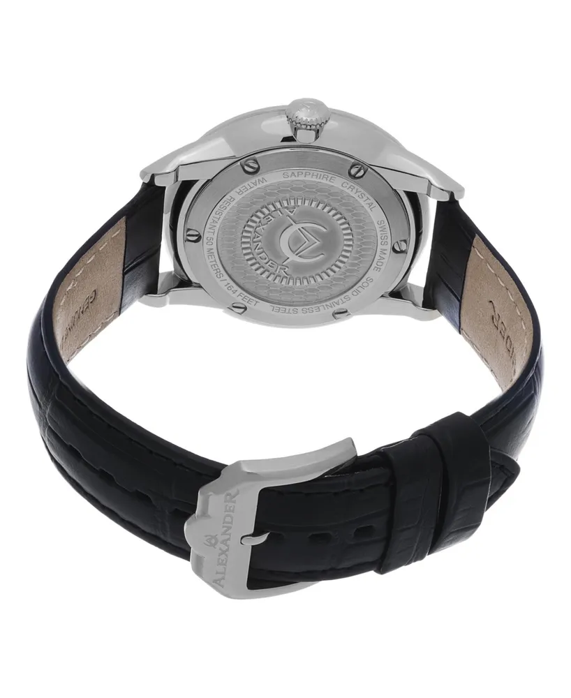 Alexander Watch A911-01, Stainless Steel Case on Black Embossed Genuine Leather Strap