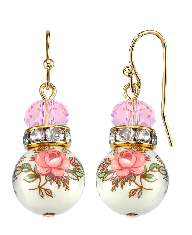 2028 Gold Tone Lt. Rose Pink and Floral Beaded Drop Earrings