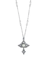 2028 Silver Tone Filigree Cross with Simulated Pearl Crystal Accent Necklace 16" Adjustable
