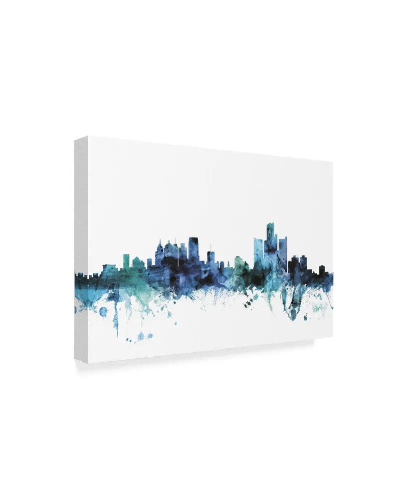 Michael Tompsett 'Detroit Michigan Blue Teal Skyline' Canvas Art - 32" x 22"