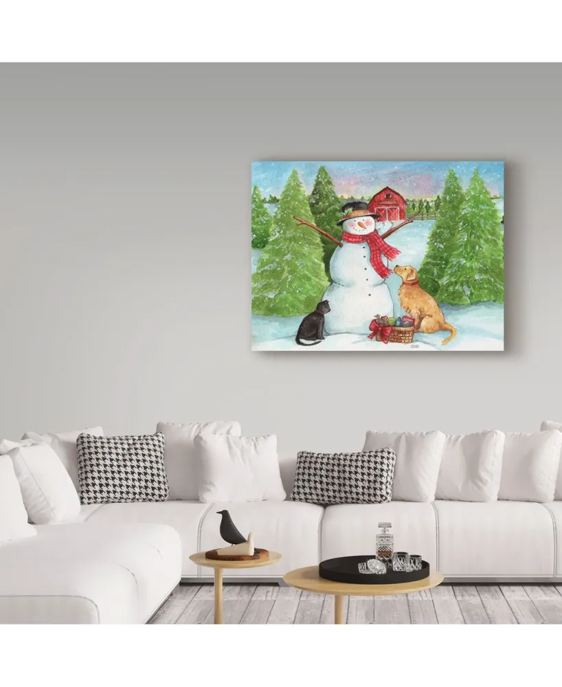 Melinda Hipsher 'Snowman Dog And Cat Farm Horizontal' Canvas Art - 35" x 47"