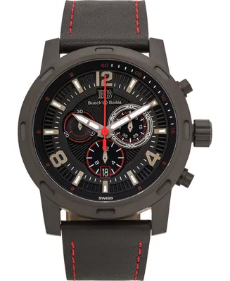 Buech & Boilat Baracchi Mens Chronograph Watch - Black Leather Strap, Black and Red Dial, 46mm
