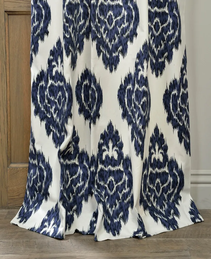 Half Price Drapes Ikat Blue Damask Printed Cotton Room Darkening Curtain