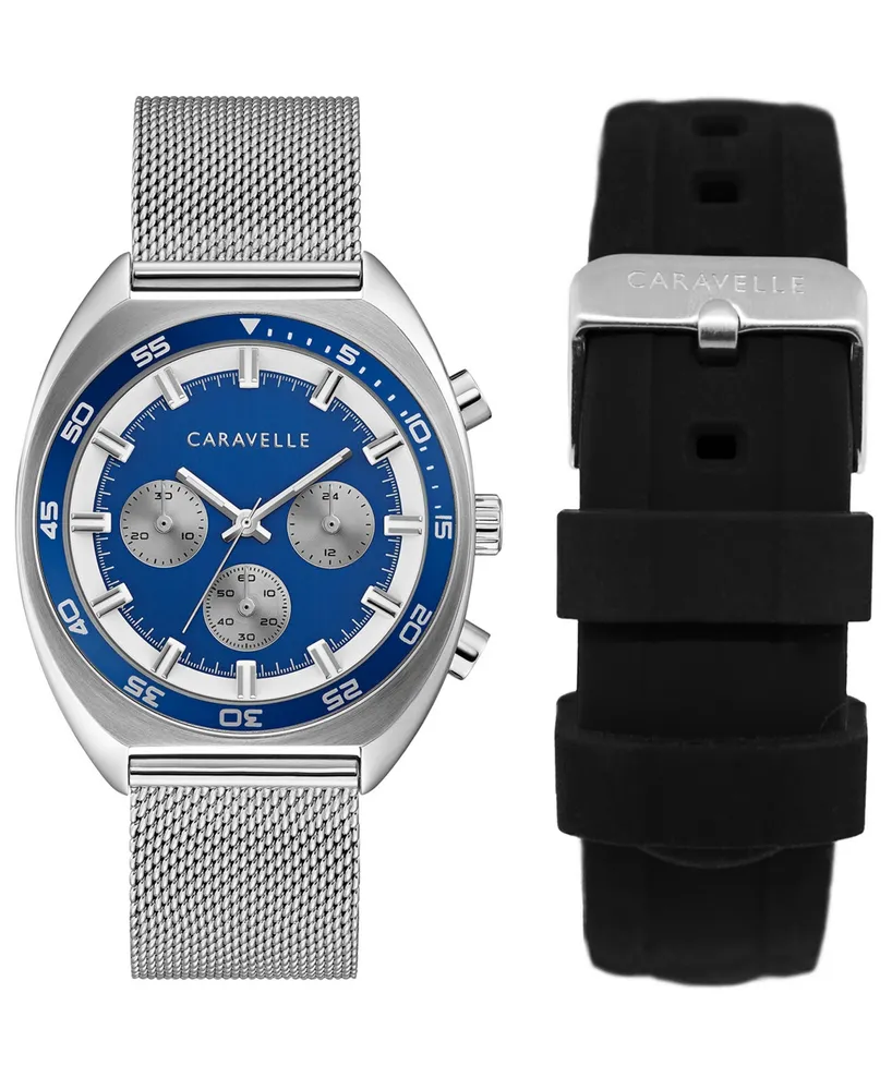 Caravelle Designed by Bulova Men's Chronograph Stainless Steel Mesh Bracelet Watch 40mm Box Set