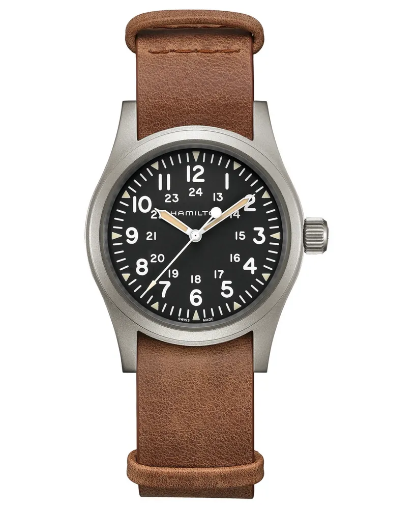 Hamilton Unisex Swiss Mechanical Khaki Field Brown Leather Strap Watch 38mm