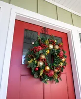 Village Lighting 30" Lighted Christmas Wreath, Scarlet Hydrangea