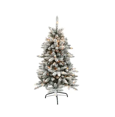 Puleo 4.5FT Pre-Lit Flocked Birmingham Fir Artificial Christmas Tree