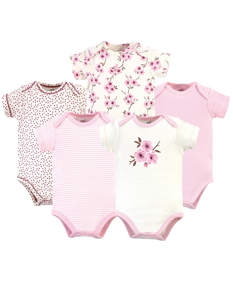 Touched by Nature Baby Girls Organic Cotton Bodysuits 5pk, Cherry Blossom, 0-3 Months