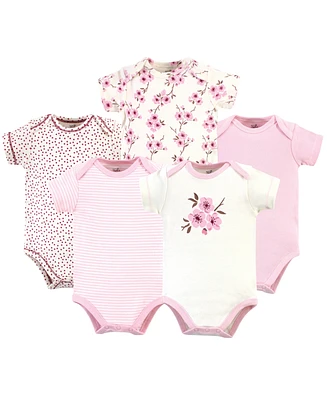 Touched by Nature Baby Girls Organic Cotton Bodysuits 5pk, Cherry Blossom, 0-3 Months