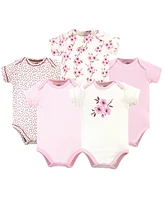 Touched by Nature Baby Girls Organic Cotton Bodysuits 5pk, Cherry Blossom, 0-3 Months