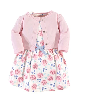 Touched by Nature Baby Girls Baby ganic Cotton Dress and Cardigan 2pc Set, Pink Rose