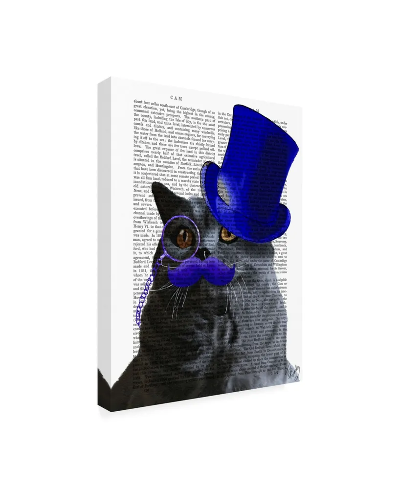 Fab Funky Grey Cat with Blue Top Hat and Blue Moustache Canvas Art