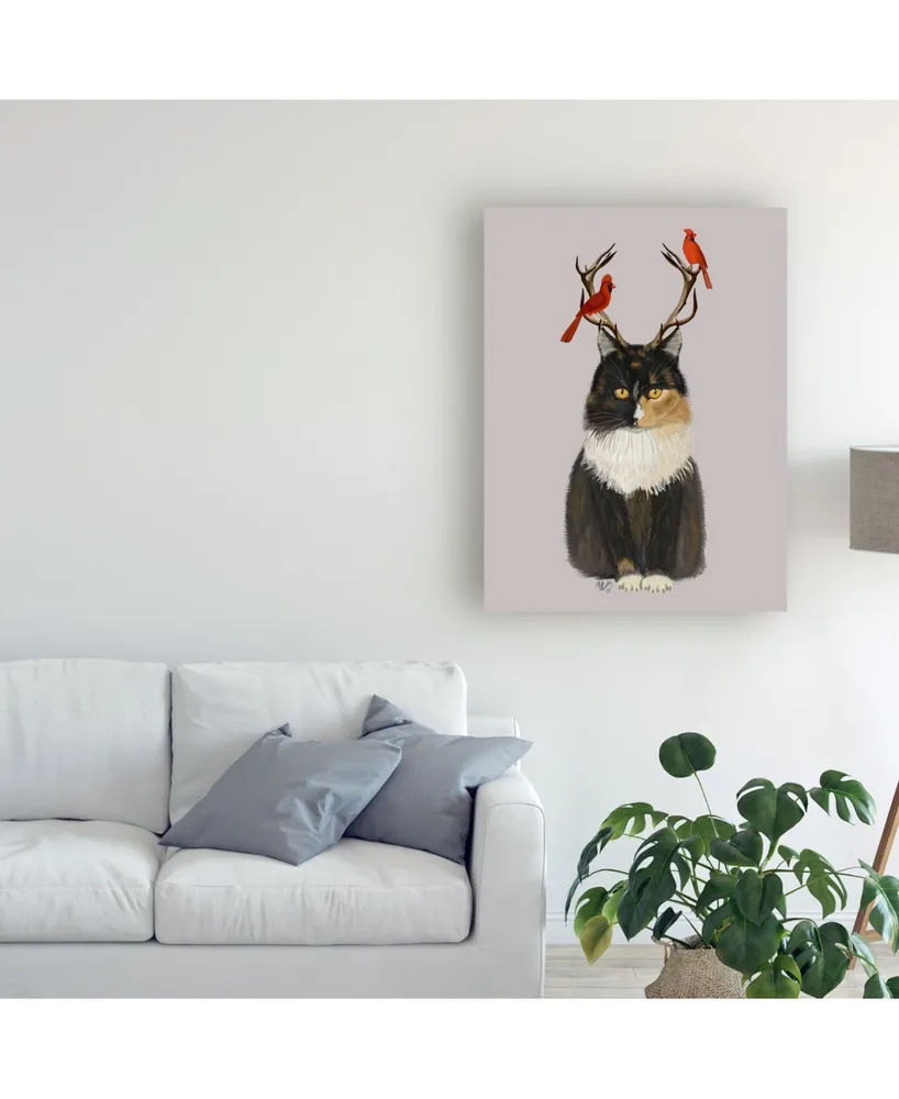 Fab Funky Tortoiseshell Cat, Antlers and Red Birds Canvas Art