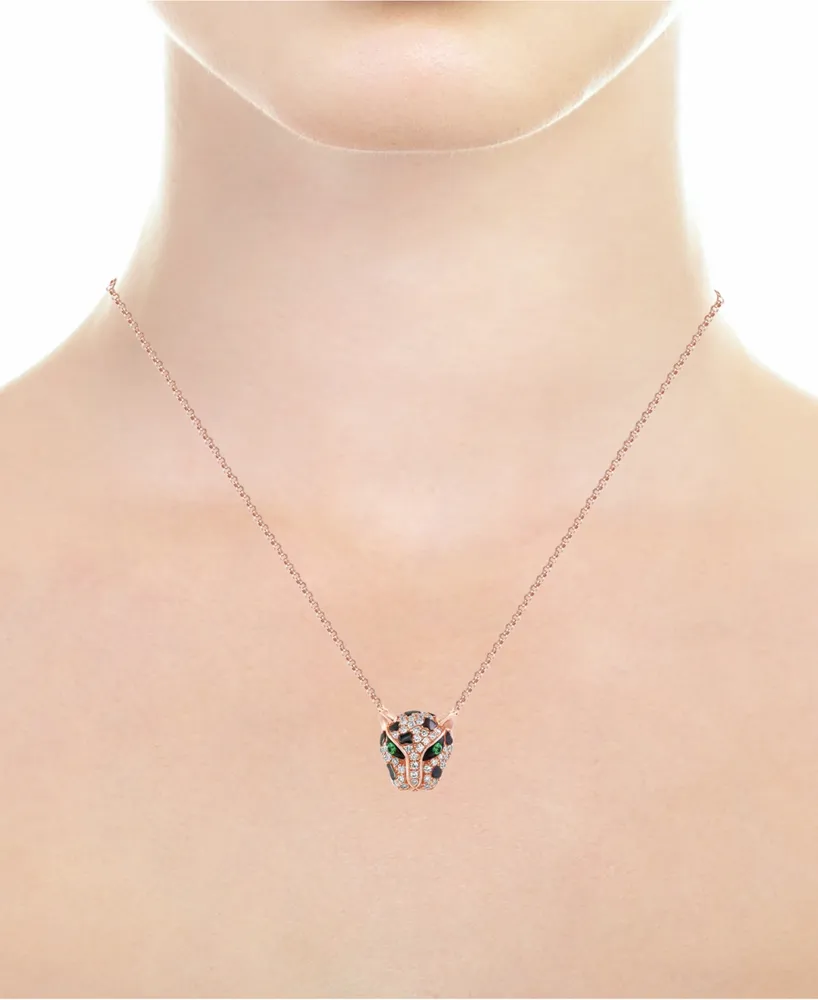 Effy Diamond (1/6 ct. t.w.) and Emerald Accent Panther Pendant Necklace in 14k Rose Gold