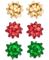 Holiday Lane Multi-Tone 3-Pc. Set Bow Stud Earrings, Created for Macy's