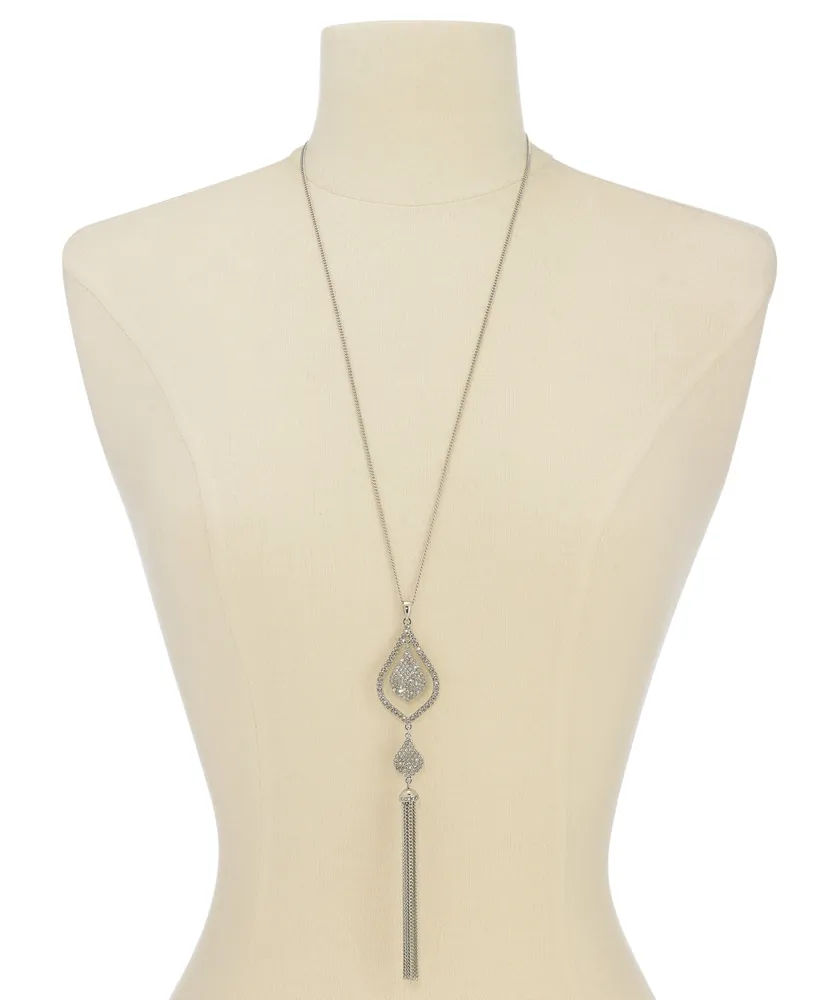 I.n.c. International Concepts Silver-Tone Pave & Chain Tassel Pendant Necklace, 28" + 3" extender, Created for Macy's