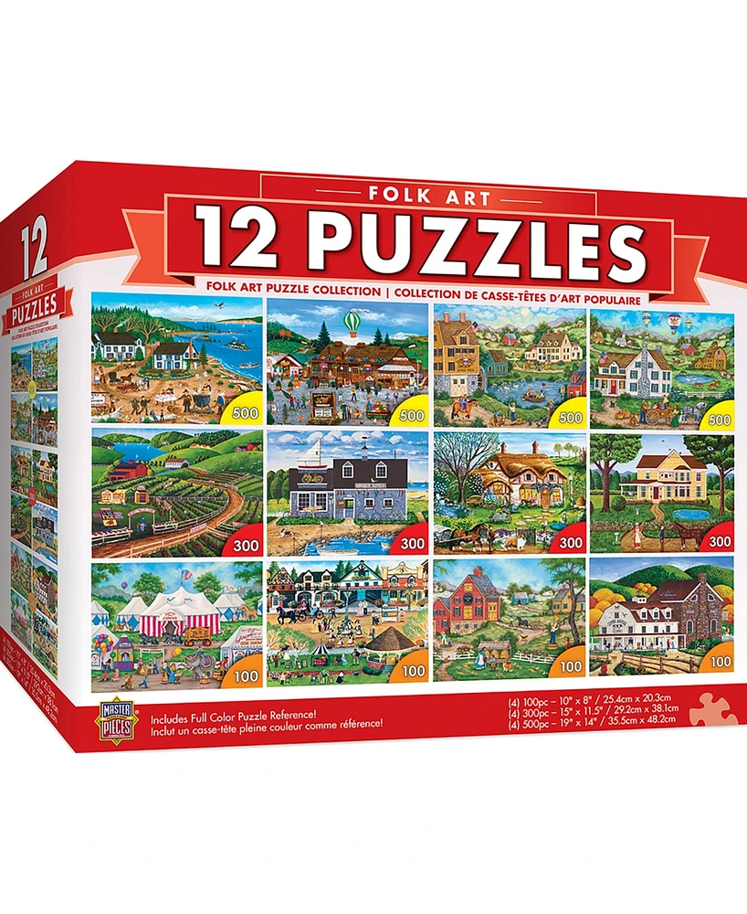 Masterpieces Folk Art Jigsaw Puzzle Collection - 12 Pack for Adults