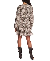 1.state Women's Long Sleeve Ruffled Snake-Print Wrap Dress