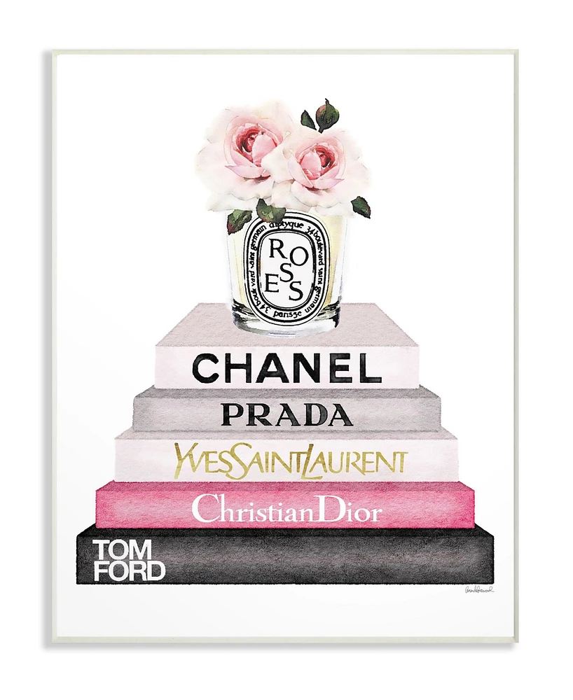 Stupell Industries Book Stack Fashion Candle Pink Rose Wall Plaque Art, 12.5" x 18.5"