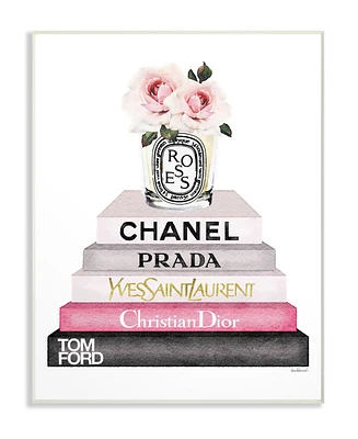 Stupell Industries Book Stack Fashion Candle Pink Rose Wall Plaque Art, 12.5" x 18.5"