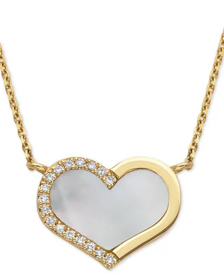 Effy Mother-of-Pearl & Diamond (1/20 ct. t.w.) Heart 18" Pendant Necklace in 14k Gold