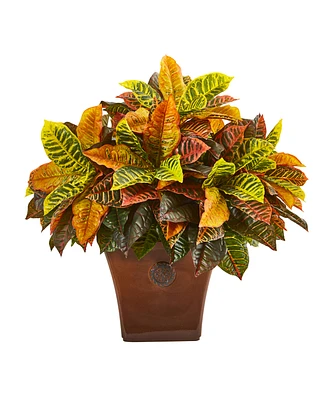 Nearly Natural 25" Garden Croton Artificial Plant in Brown Planter Real Touch