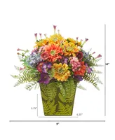 Nearly Natural Mixed Flowers Artificial Arrangement in Green Vase - Multi