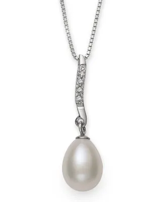 Cultured Freshwater Pearl (7-8 mm) and Diamond Accent Swirl Pendant in Sterling Silver