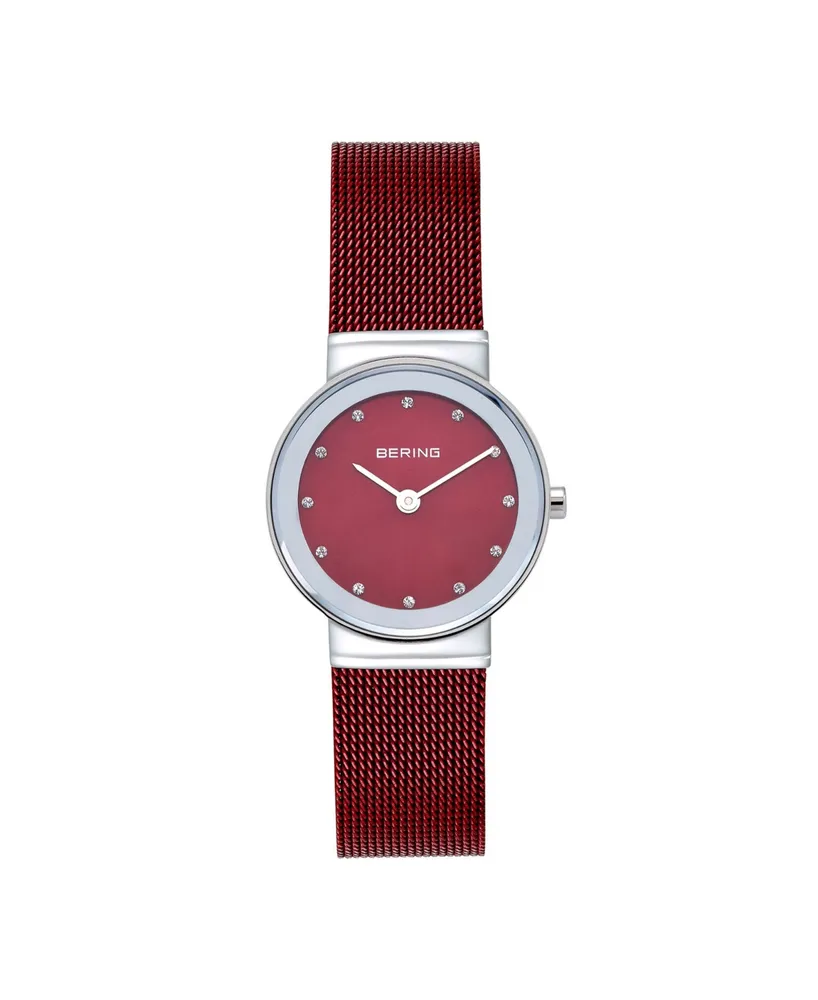 Bering Women's Crystal Red Stainless Steel Mesh Bracelet Watch 26mm
