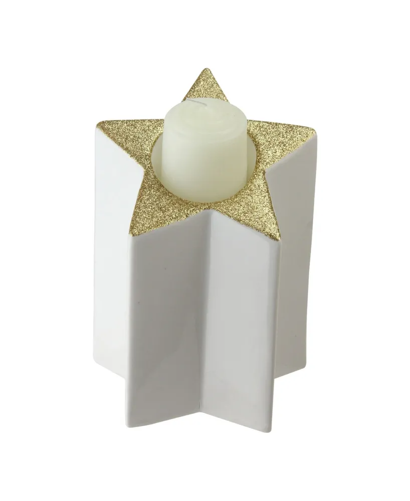 Northlight 6.25" White and Gold Colored Star Shaped Glittered Tea Light Candle Holder